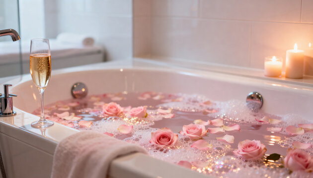 Bathtub filled with foam and pink rose petals. Glass of champagne and burning candles for luxury spa relaxation. Romantic atmosphere for self care wellness and beauty treatment hobby.