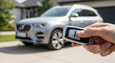 A person’s hand holds a modern car key fob, with a sleek silver SUV visible in the background, ready for a drive.