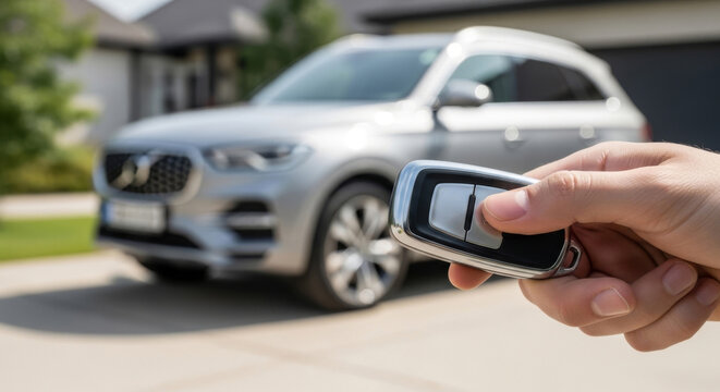 A person&rsquo;s hand holds a modern car key fob, with a sleek silver SUV visible in the background, ready for a drive.
