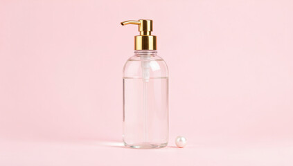 Naklejka premium A bottle with a gold pump on a pink background, useful for beauty or cosmetic product advertising