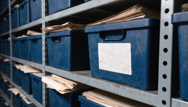 Medium shot capturing archive boxes stacked on metal shelves focus sharp on a single box label emphasizing legacy file storage in a secure environment.