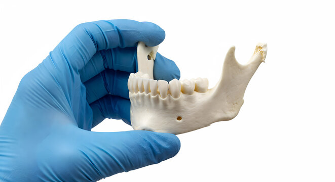 Hand holding a human mandible (lower jawbone) with visible teeth sockets and ramus, isolated on a transparent background, representing dental anatomy and maxillofacial study