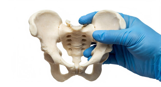 Hand holding a human pelvic bones isolated on a transparent background, representing anatomy, orthopedics, and skeletal study
