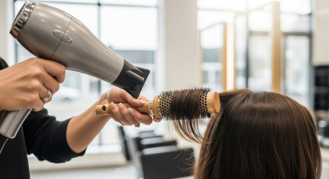 A female stylist blow-dries a client's hair using a round brush in a modern salon setting.