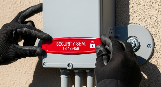 Close-up of a person applying a red security seal to an equipment box, emphasizing security measures and vigilance.