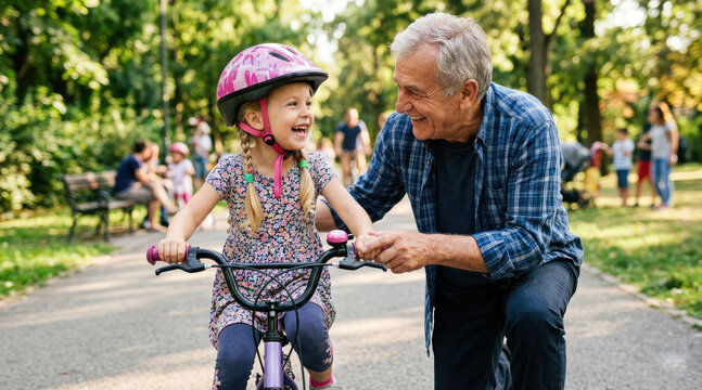 A grandfather guides his little granddaughter as he learns to ride a bicycle in a sunny park. Family life, friendship, outdoor activity concept.