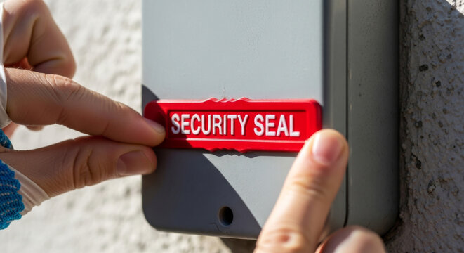 A close-up of a person applying a bright red security seal to a grey device, emphasizing safety and protection.