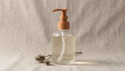 Fototapeta premium A dried flower sits next to a bottle of liquid, great for use in still life or nature photography