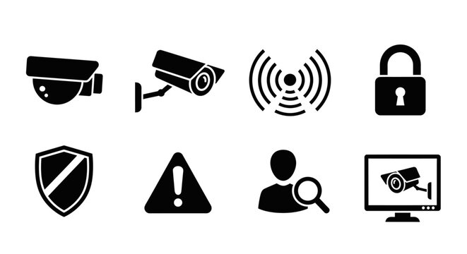 Cyber Security and Surveillance Technology Icons Set. Safety, Data Protection, Privacy, CCTV Cameras, Wireless Network & Monitoring.