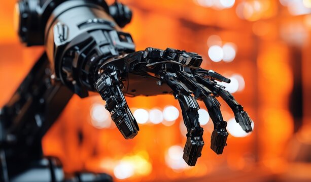 Close up of robotic humanoid hand reaching forward in modern factory with glowing orange background and shallow depth of field highlighting metal fingers Concept of advanced robotics