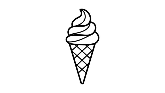 Minimalist Ice Cream Cone Vector Icon with Editable Stroke. Hand-drawn black line illustration of a delicious soft serve waffle cone on white background. Scalable graphic for summer food design.