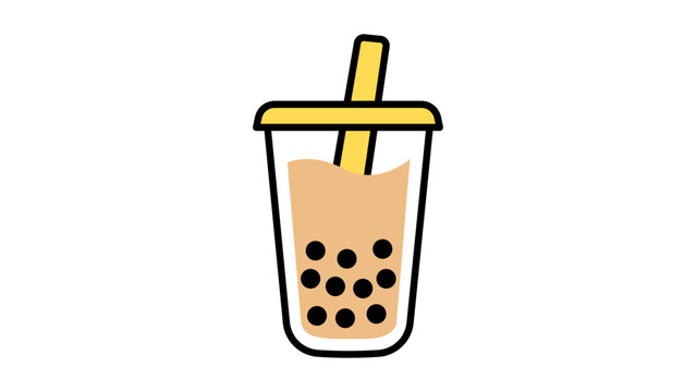Modern flat vector icon illustration of a tall cup of bubble tea with milk tea, black tapioca pearls, a lid, and a thick straw, isolated on a white background for minimalist graphic design.