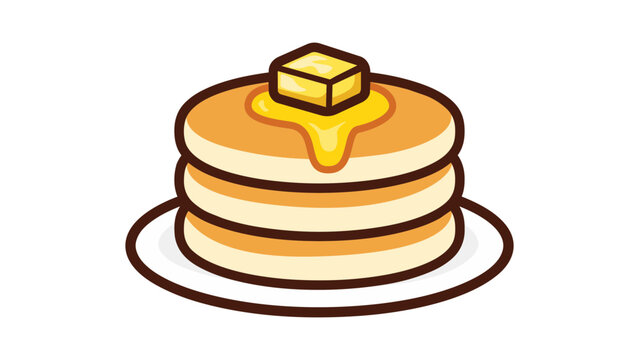 Pancake stack vector icon illustration featuring a neat stack of three fluffy golden brown pancakes on a white plate, topped with a melting pat of butter and dripping maple syrup. Modern flat design.