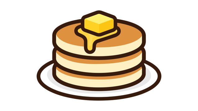 Modern flat vector icon illustration of a neat stack of three fluffy golden brown pancakes on a white plate, topped with a melting square pat of butter and dripping syrup, isolated on white.