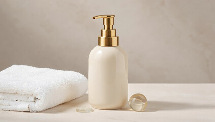 Naklejka premium A bottle of lotion sits beside a stack of towels, perfect for post-workout pampering or spa day prep