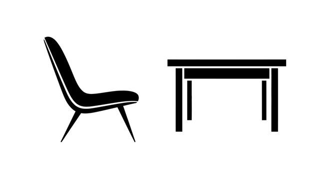 Minimalist black silhouette icon of a modern lounge chair and rectangular table, clean vector graphic illustration for design.