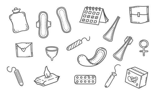 Women hygiene vector set. Line art doodle design of menstrual cycle products, sanitary pad, tampon, menstrual cup. Health care cliparts isolated outline collection.