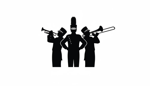 Trumpet musician silhouette icon set with black concert band figures and instruments for musical performance logos