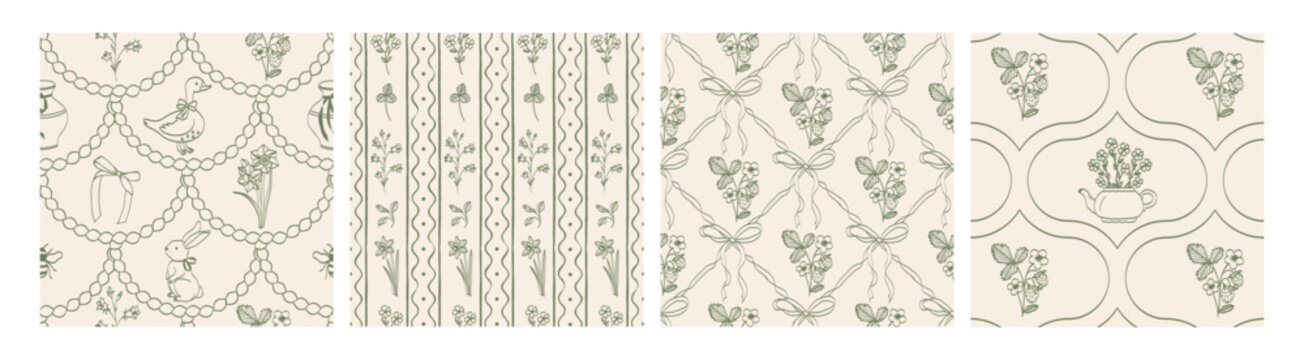 Cottagecore seamless patterns with floral, animals and decorative elements. Elegant line art in soft green palette. Editable stroke. Perfect for fabric, packaging, wallpaper, stationery and branding.