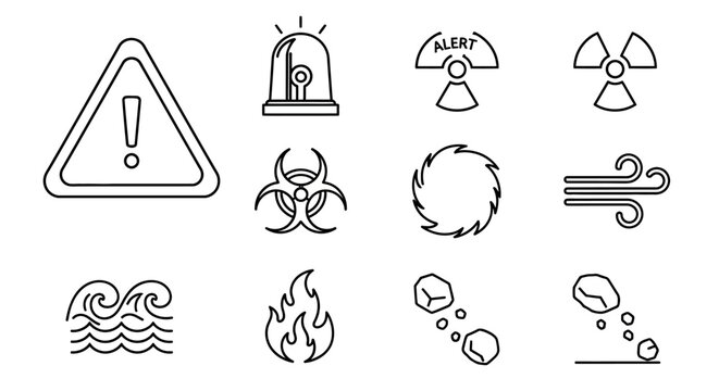 Outline Hazard and Warning Icons Set. Disaster, alert, biohazard, radiation, fire, flood, wind, landslide vector symbols.