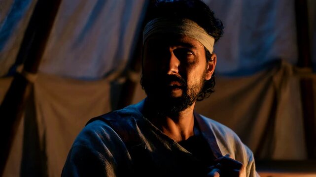 Biblical figure Achan hiding forbidden treasure in a tent. Close up of a man looking guilty with a wooden chest and candle. Sin of Achan concept