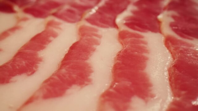  Sliced ham jamon fat bacon meat, beef pastrami thick pieces on a wooden board, beef or pork jamon. Chef cooking breakfast, smoked bacon in cafe. 