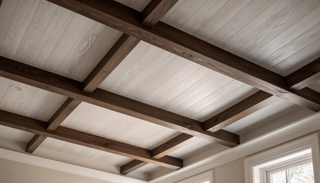 Elegant interior view of a high-end coffered ceiling featuring dark rustic wooden beams and white timber planks for luxury home design architectural detail and modern farmhouse decor style