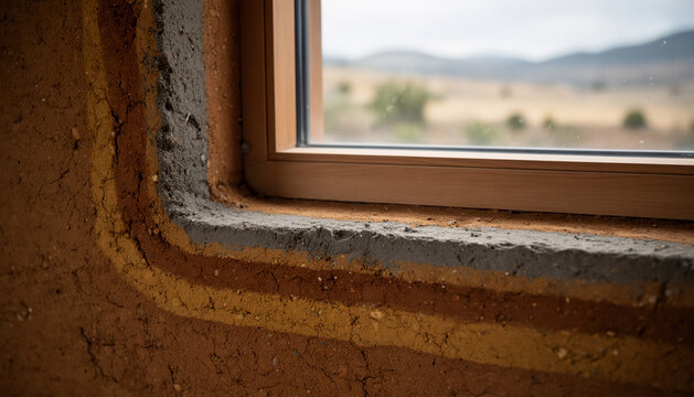 Detailed close-up of a modern window installed in a sustainable rammed earth or clay wall showing natural layered textures and eco-friendly construction materials for green building design