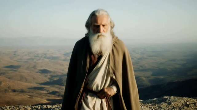 Elderly Moses viewing the Promised Land from Mount Nebo. Prophet with white beard looking over a vast desert valley. Biblical leader reflection