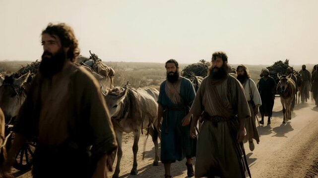 Uriah the Hittite walking with soldiers on a dusty road. Ancient biblical caravan traveling through the desert. Old Testament historical reenactment