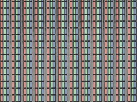 IA generated, extreme macro photography of a digital screen display showing a vibrant grid of RGB pixels and sub-pixels creating a technical textured pattern with multicolored light dots.