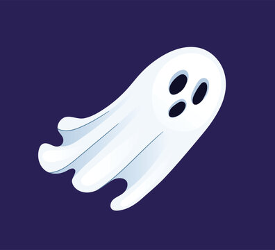 Flying cartoon ghost in motion. White spirit character gliding diagonally with long sheet edges. Flat style illustration on dark purple background. Perfect for Halloween. Vector illustration.