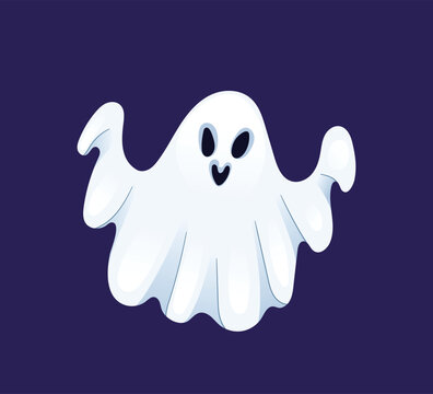 Joyful cartoon ghost with raised arms. White flying spirit with heart shaped mouth and black eyes. Flat style character on dark purple background. Great for Halloween card. Vector illustration.