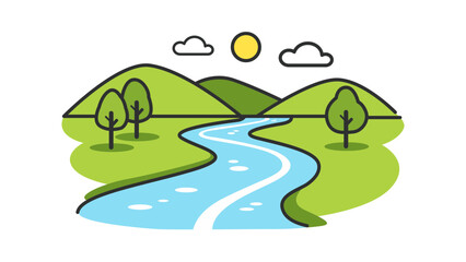 Naklejka premium A modern flat vector illustration of a gentle flowing river stream winding through green hills and lush trees under a bright sun and clouds, perfect for nature, travel, and environment designs.