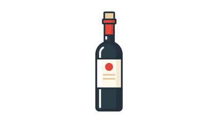 Fototapeta premium Modern flat vector icon illustration of a tall dark glass wine bottle with a white label, red seal, and cork, isolated on white. Perfect for winery branding, restaurant menus, and beverage apps.