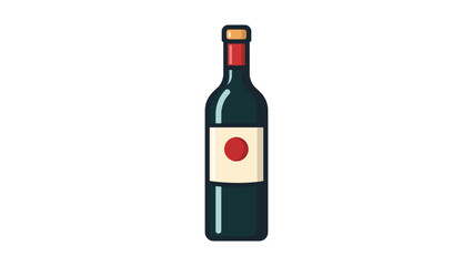 Fototapeta premium Modern flat vector icon illustration of a tall dark glass wine bottle with a red seal and a white label featuring a red circle, isolated on a white background for minimalist graphic design.