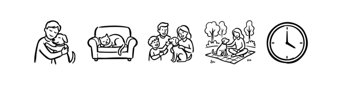 Minimalist black and white line art icons depicting pet companionship, including a man hugging a dog, a cat on a sofa, family pet care, a picnic scene, and a clock. Hand-drawn doodle style.