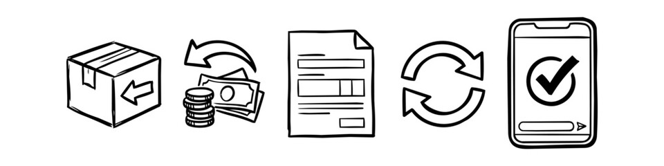 Hand-drawn doodle icons showing an ecommerce product return and refund process, including a package, money, invoice, sync cycle, and smartphone confirmation. Business logistics sketch. © Trends