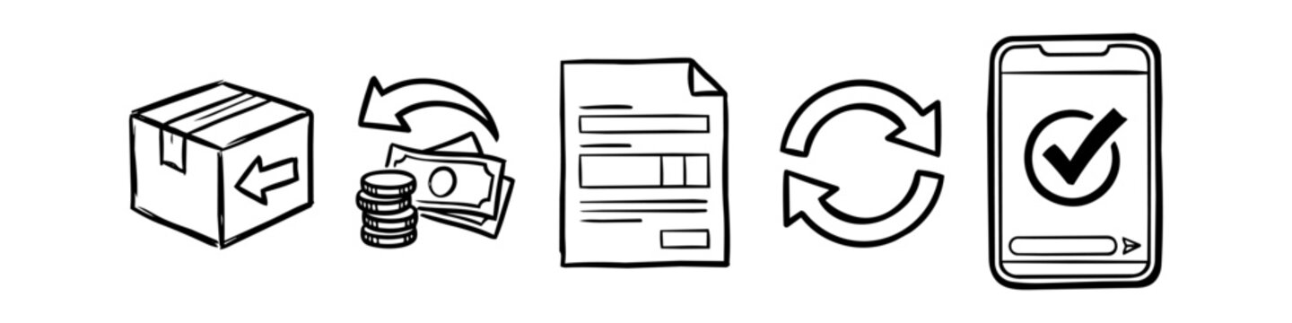 Hand-drawn doodle icons showing an ecommerce product return and refund process, including a package, money, invoice, sync cycle, and smartphone confirmation. Business logistics sketch.