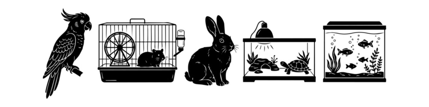 Black silhouette icons of common domestic pets: cockatoo parrot, hamster in a cage, rabbit, turtle in a terrarium, and fish in an aquarium. Clean vector illustration for web and print.