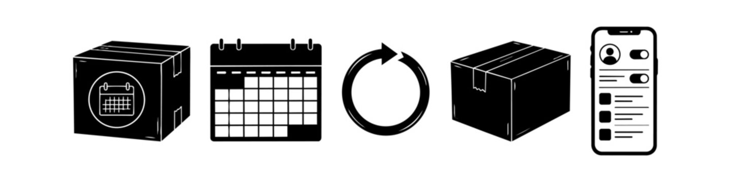 Vector icons illustrating a subscription delivery service, featuring boxes, a calendar, a refresh arrow, and a mobile app interface for scheduling recurring shipments and managing orders.