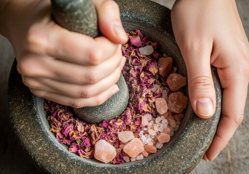 Woman hands crushing dried pink rose petal and sea salt in stone mortar with pestle. Homemade organic natural skincare and beauty product preparation. Holistic herbal spa therapy concept.