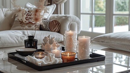 Fototapeta premium Lit Candles on Black Tray in Modern Living Room