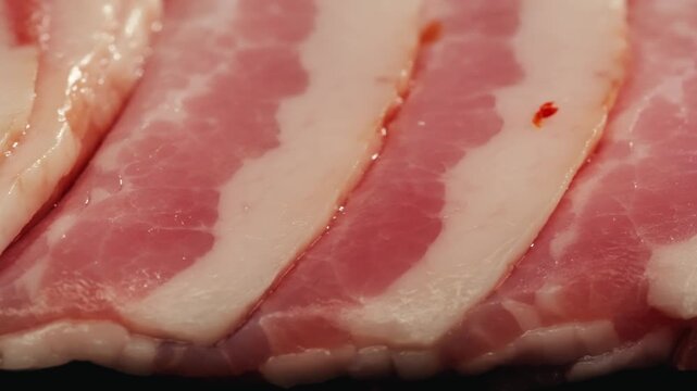  Sliced ham jamon fat bacon meat, beef pastrami thick pieces on a wooden board, beef or pork jamon. Chef cooking breakfast, smoked bacon in cafe. 