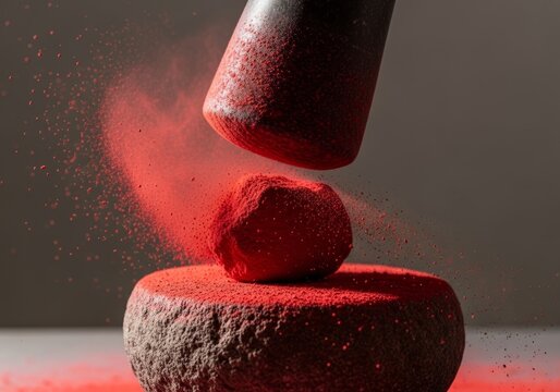 Pestle crushing a red pigment stone on a mortar. Grinding colorful powder for artistic paint creation. Traditional craft process and creative design concept for creative industry.