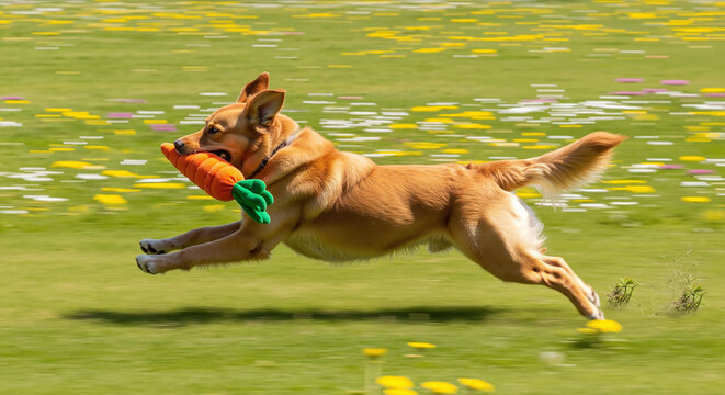 Golden dog running in spring field with carrot toy