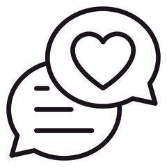 Minimalist black line art vector icon of two overlapping speech bubbles, one containing text lines and the other a heart symbol, representing love, positive feedback, and social media messaging. © Ahsan