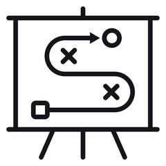 Minimalist black vector icon illustration of a business strategy plan on a presentation board easel, featuring a tactical roadmap with path, goal, and obstacles for project management.