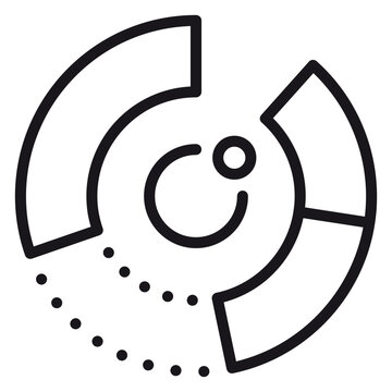 Minimalist black vector icon of a stylized eye or camera lens integrated with circular data chart segments and dotted lines, symbolizing vision, focus, analysis, and technical monitoring.