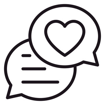 Minimalist black line art vector icon of two overlapping speech bubbles, one containing text lines and the other a heart symbol, representing love, positive feedback, and social media messaging.